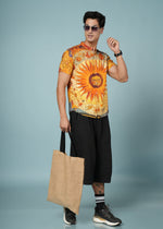 Men’s sun print rayon shirt with mandarin collar, vibrant casual wear by Outlaws Fashion, shown in a close-up view.