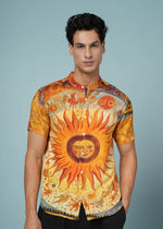 Men’s sun print rayon shirt with vibrant casual style and mandarin collar by Outlaws Fashion, shown in a close-up of the fabric and design