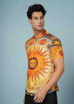 Men’s sun print rayon shirt with mandarin collar from Outlaws Fashion, vibrant casual wear featuring a colorful sun-themed design.
