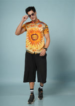 Men’s sun print rayon shirt with mandarin collar from Outlaws Fashion, featuring vibrant casual wear with colorful sun-themed pattern.