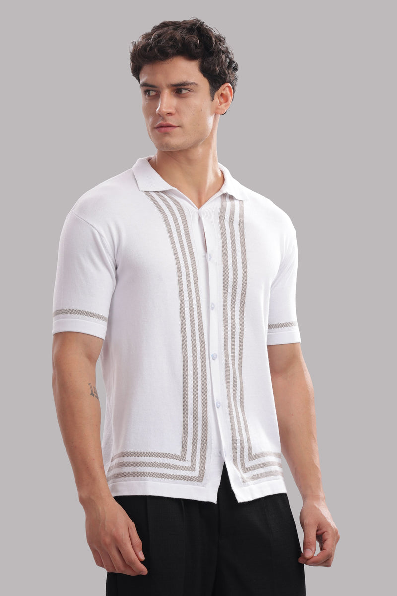 White men's knitted shirt by Outlaws Fashion featuring a beige stripe design and 100% cotton fabric.