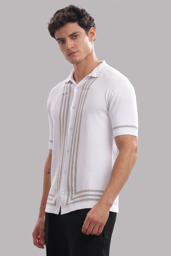 Men's white 100% cotton knitted shirt with beige stripe pattern, stylish and comfortable by Outlaws Fashion.