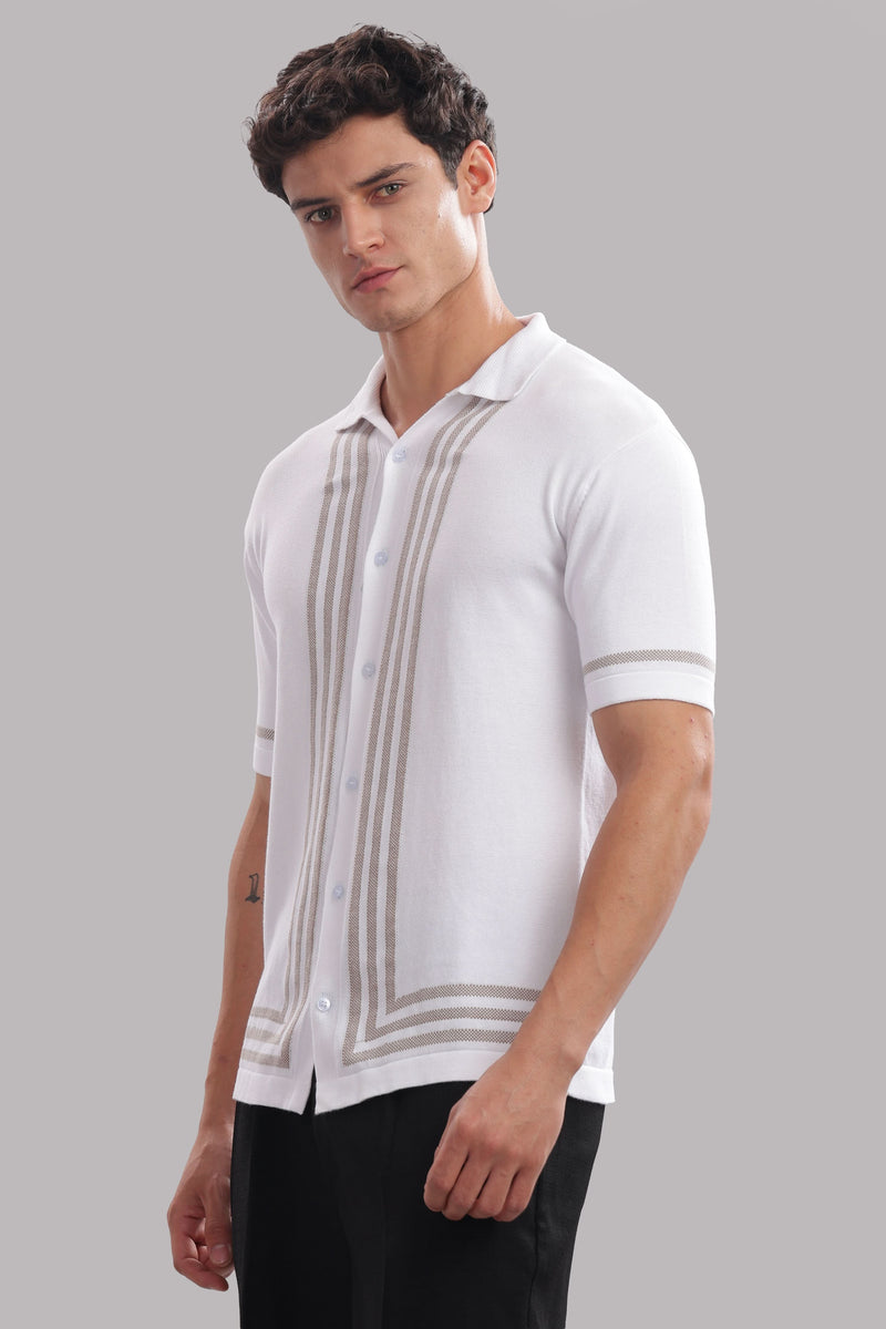 Men's white 100% cotton knitted shirt with beige stripe pattern, stylish and comfortable by Outlaws Fashion.