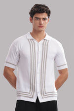 White 100% cotton knitted men's shirt with beige stripe design from Outlaws Fashion, showcasing a stylish and elegant casual look.