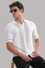 White 100% cotton men's knitted shirt with beige stripe design from Outlaws Fashion, featuring a classic and elegant fit.