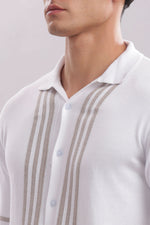 White 100% cotton men's knitted shirt with elegant beige stripe design, by Outlaws Fashion.
