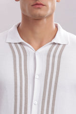 White men's knitted shirt by Outlaws Fashion featuring 100% cotton and a stylish beige stripe design.