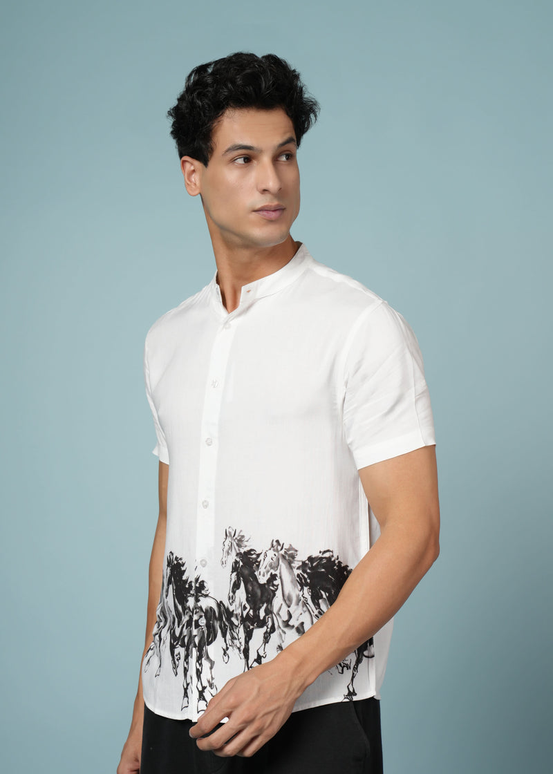 Men’s white printed shirt with running horse design and modern mandarin collar, by Outlaws Fashion, displayed on a hanger.