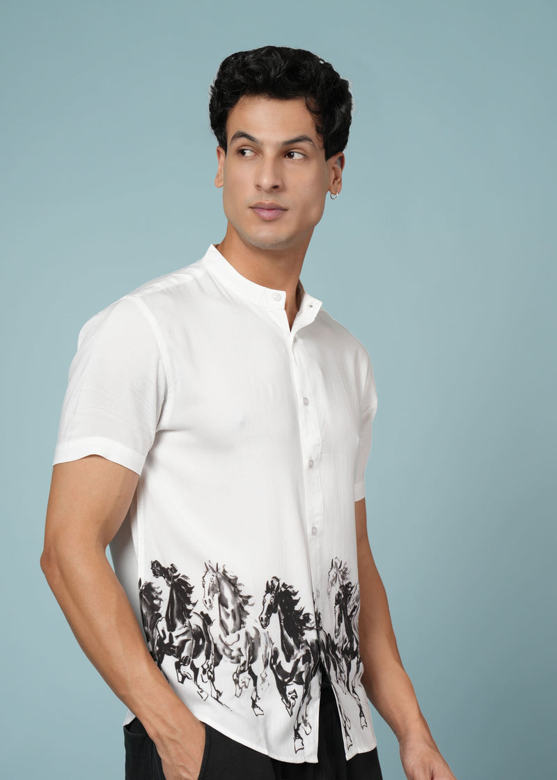 Men’s white printed shirt with running horse design and modern mandarin collar by Outlaws Fashion, displayed on a hanger.
