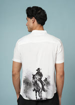 Men’s white printed shirt with running horse design and modern Mandarin collar by Outlaws Fashion, shown on a hanger.