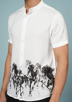 Men's white printed shirt with running horse design and modern mandarin collar by Outlaws Fashion, shown on a hanger.