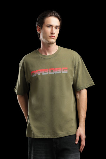 Neo Cyber Olive Green Oversized Graphic T-Shirt for Men