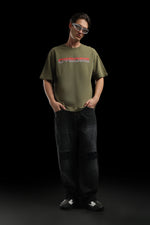 Neo Cyber Olive Green Oversized Graphic T-Shirt for Men
