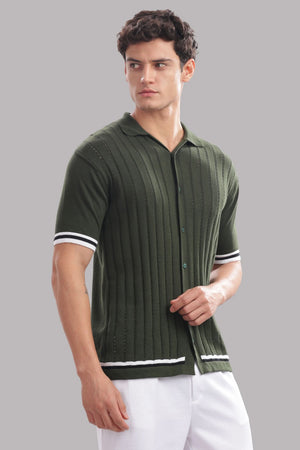 Olive Green Cotton Knit Shirt with Sporty Stripe Details