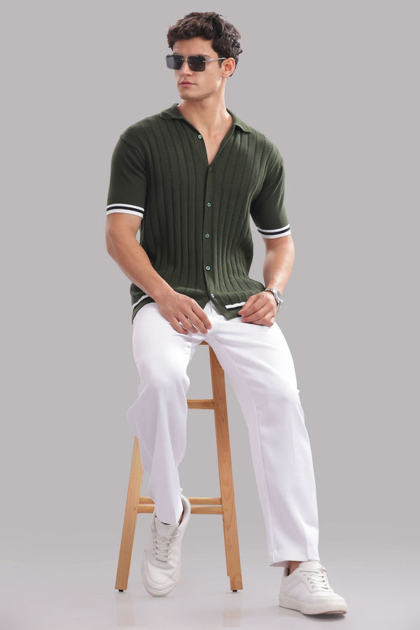 Men's olive green knitted button-down shirt made of 100% cotton by Outlaws Fashion, shown on a model.