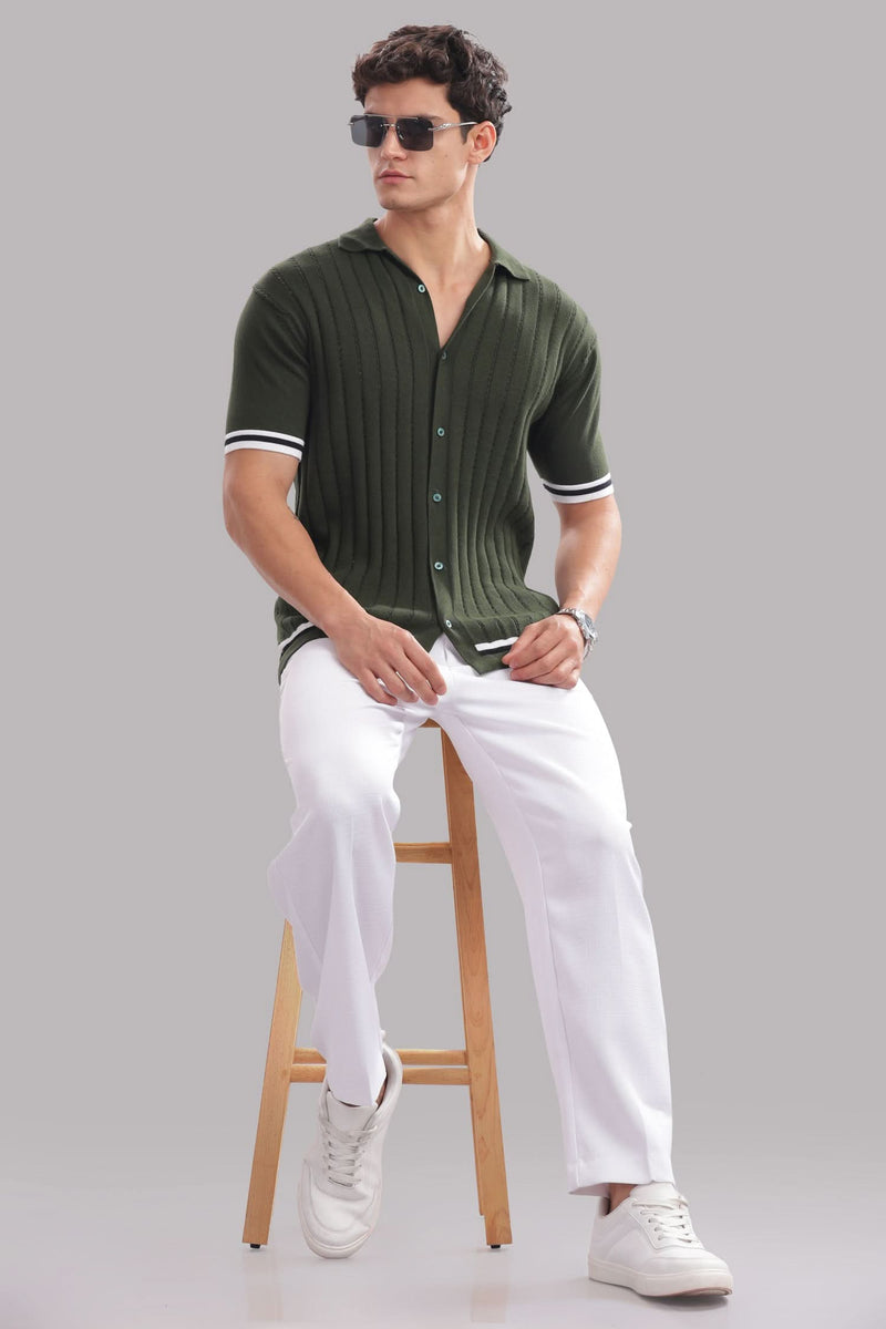 Men's olive green knitted button-down shirt made of 100% cotton by Outlaws Fashion, shown on a model.