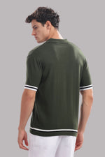 Men’s olive green knitted button-down shirt made of 100% cotton by Outlaws Fashion, shown on a hanger.