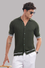 Men’s olive green knitted button-down shirt made from 100% cotton by Outlaws Fashion, featuring a classic collar and front buttons.