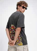 Men's black acid wash T-shirt with outlaw-themed graphic, casual fit, from My Store, shown on a virtual photoshoot background.