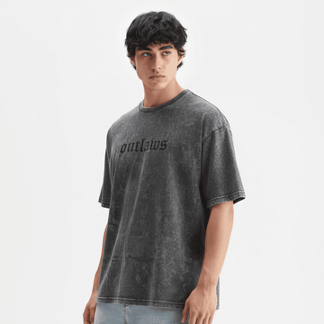 Men's Outlaws Acid Wash Grey T-Shirt from My Store, showing the distressed fabric and casual fit on a plain background.