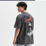 Men's Outlaws Acid Wash Grey T-Shirt with distressed design, casual fit, and soft fabric, shown in a virtual photoshoot.
