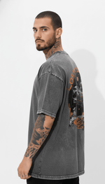 Men's grey acid wash T-shirt from Outlaws, featuring a casual fit and vintage-inspired design, shown in a virtual photoshoot.