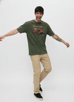 Men's olive T-shirt with acid wash finish from Outlaws, featuring a casual fit and distressed style, shown on a virtual photoshoot.