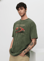 Olive acid wash T-shirt for men with Outlaws design, featuring a casual fit and distressed style, from My Store.