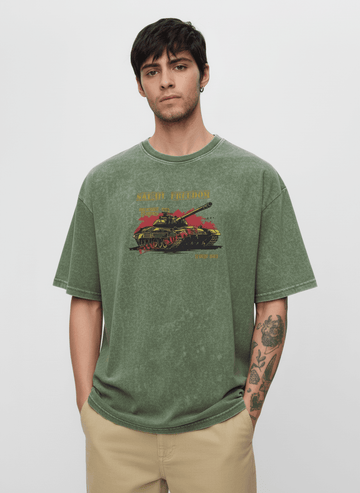 Olive green Outlaws Acid Wash T-Shirt for men with casual fit and distressed style, displayed on a virtual photoshoot background.