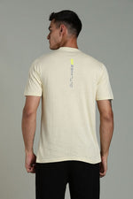 Beige Outlaws Fashion men's athleisure T-shirt displayed on a hanger, casual athletic wear for men.