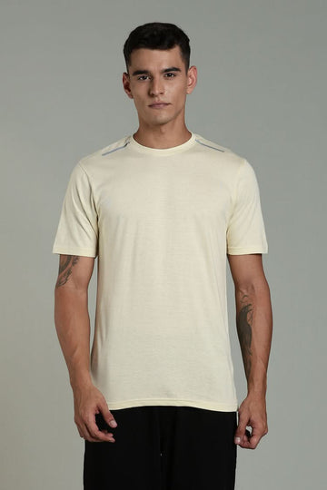 Outlaws Fashion beige men's athleisure T-shirt with crew neckline, casual athletic style, laid flat for display.