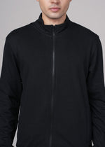 Outlaws Black men's sweat jacket with front pockets and drawstring hood, casual streetwear from Outlaws Fashion.