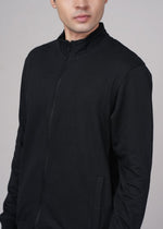 Black men's sweat jacket by Outlaws Fashion, featuring a casual fit with hood and zip closure, ideal for relaxed outdoor wear.