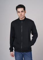 Men's black Outlaws Fashion sweat jacket with front zipper, casual fit, and ribbed cuffs, displayed on a hanger.