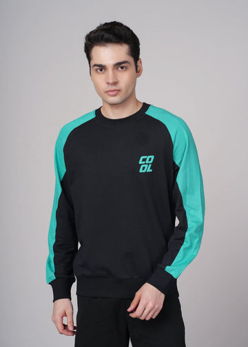Outlaws Fashion Men Black Teal Color Block Crew Neck Sweatshirt