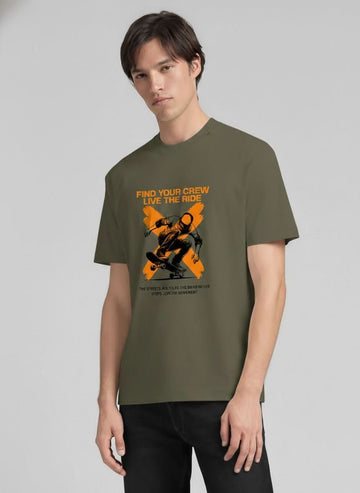 Outlaws Fashion Men Ride Crew Graphic Oversized T-Shirt Olive Green