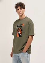 Outlaws Fashion Men Skate Party Graphic Oversized T-Shirt Olive Green