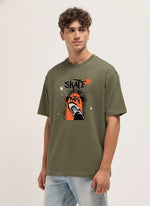 Outlaws Fashion Men Skate Party Graphic Oversized T-Shirt | Olive Green Urban Streetwear Tee