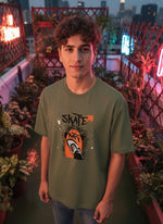 Outlaws Fashion Men Skate Party Graphic Oversized T-Shirt | Olive Green Urban Streetwear Tee