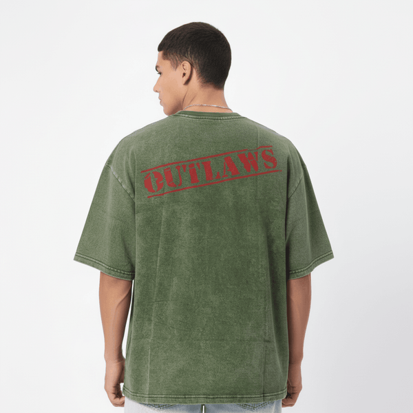 Men's Olive Green Vintage Wash Graphic T-Shirt with Warfare Print
