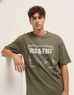 Outlaws Fashion Men Wild and Free Eagle Graphic Oversized T-Shirt Olive Green