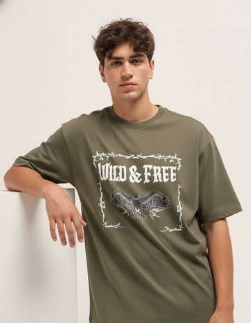 Outlaws Fashion Men Wild and Free Eagle Graphic Oversized T-Shirt Olive Green