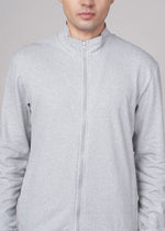 Outlaws Grey Sweat Jacket for Men, casual hoodie with front pockets and drawstring hood, made by Outlaws Fashion.