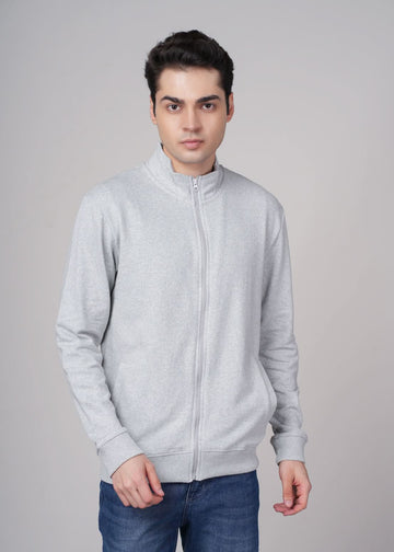 Outlaws Grey Sweat Jacket for Men, casual fit with hood and zip closure, shown on a model, ideal for comfortable everyday wear.