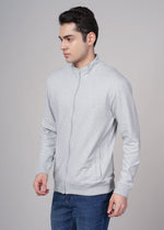 Outlaws Grey Sweat Jacket for Men, casual hoodie with front pocket and drawstring hood, made by Outlaws Fashion.