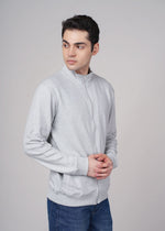 Outlaws Grey Sweat Jacket for Men, casual fit with hood and drawstrings, made by Outlaws Fashion, shown on a hanger.