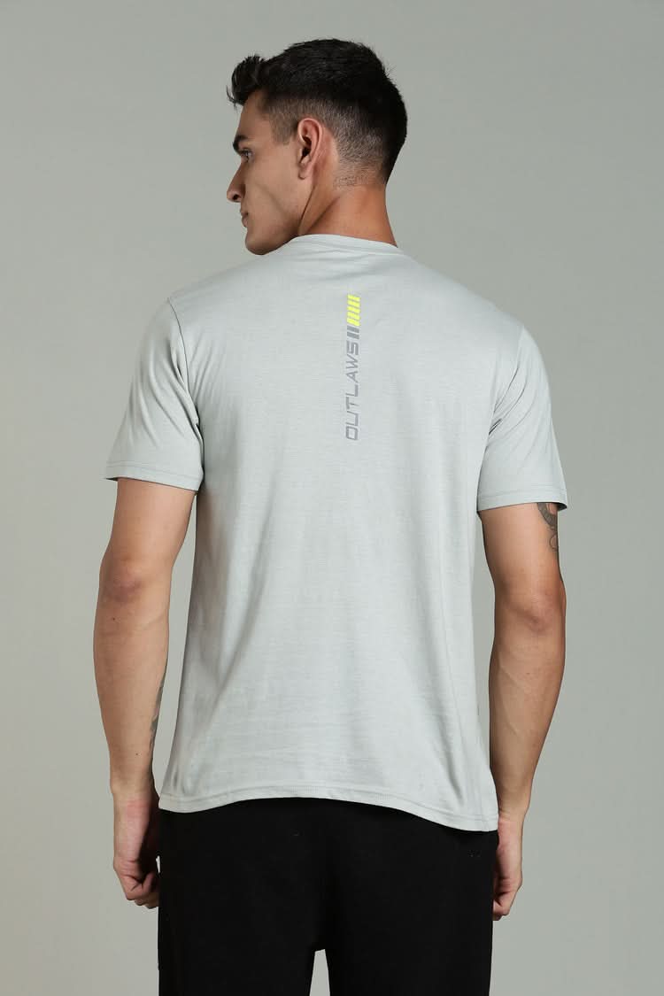 Outlaws Light Grey Athleisure T-shirt for men, casual fit, soft fabric, and stylish design shown on a model.