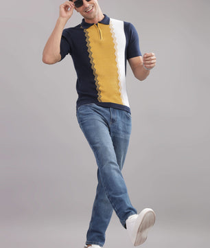 Outlaws Fashion men's cotton polo shirt with vertical black and white stripes, casual wear, 100% cotton fabric.