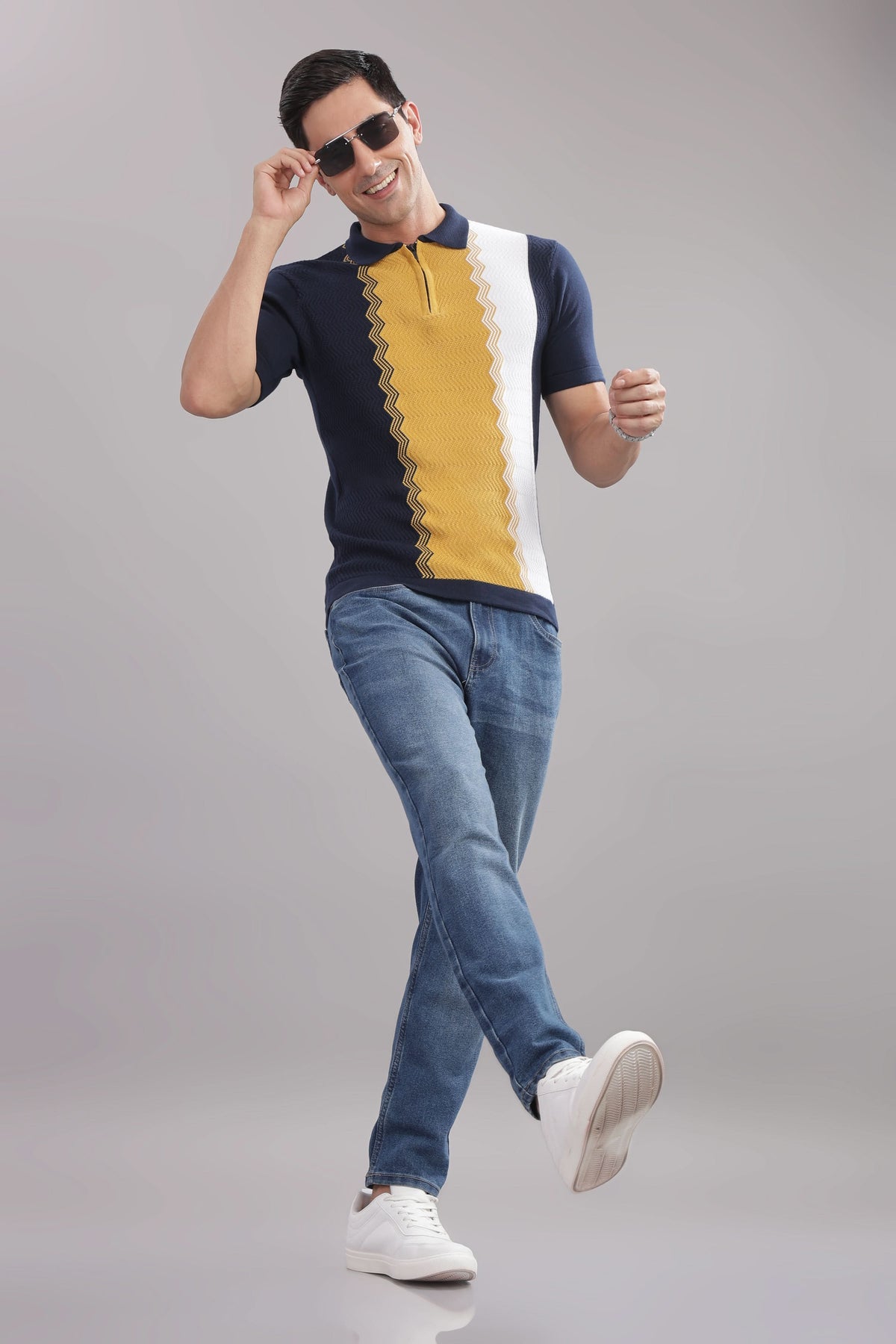 Outlaws Fashion men's cotton polo shirt with vertical black and white stripes, casual wear, 100% cotton fabric.