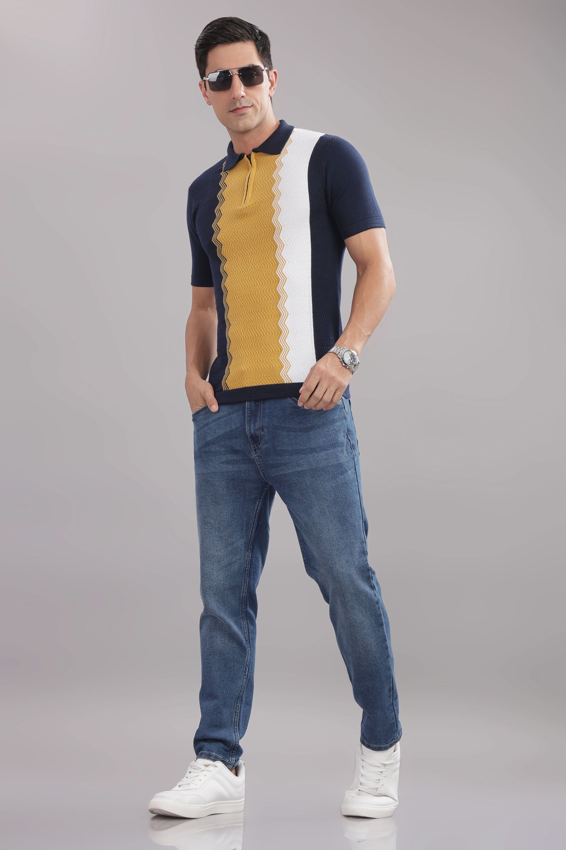 Outlaws Fashion men's cotton polo shirt featuring vertical stripes, casual style, 100% cotton fabric, short sleeves, and classic collar